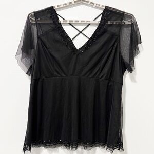 Torrid Babydoll Blouse Womens Sz 3 Black Embellished Flutter Sleeve Whimsy Goth